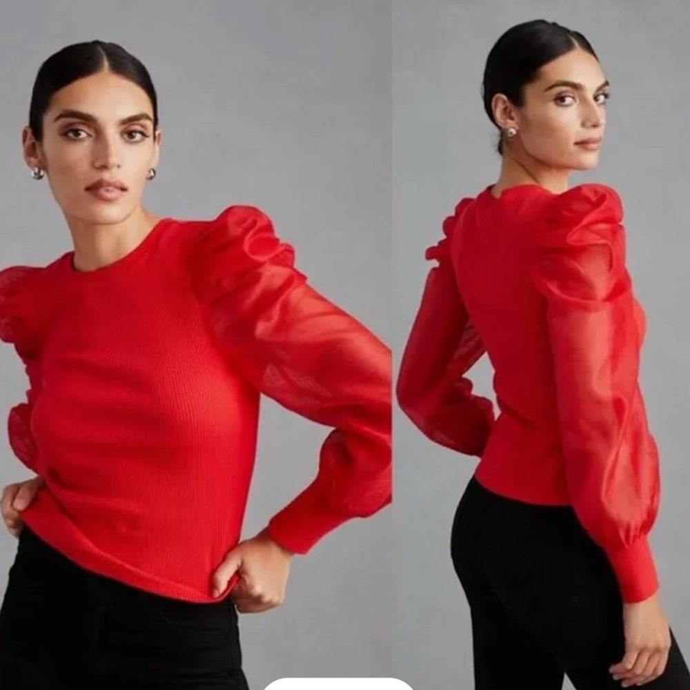 Anthropologie Dolan Red Ribbed Sheer Puff Sleeve Fitted Sweater
